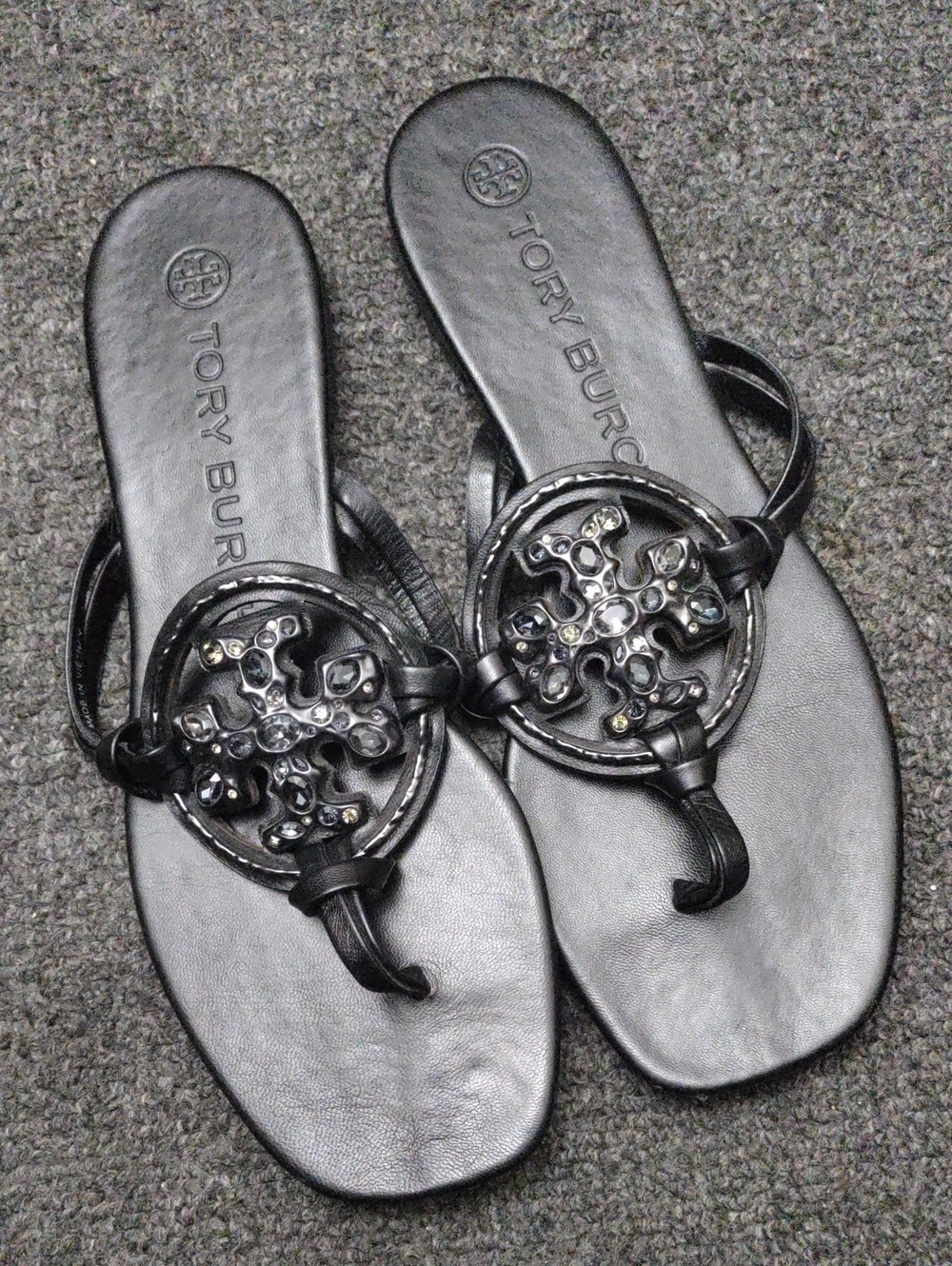 Tory Burch Embellished Black Leather Miller Logo Sandals